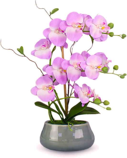 SJC Orchids Artificial Flowers with Gray Vase Purple Faux Orchid Phalaenopsis Arrangements for Kitchen Table Centerpiece Home Decoration Indoor(3.54" D x 7.87" W x 20" H)