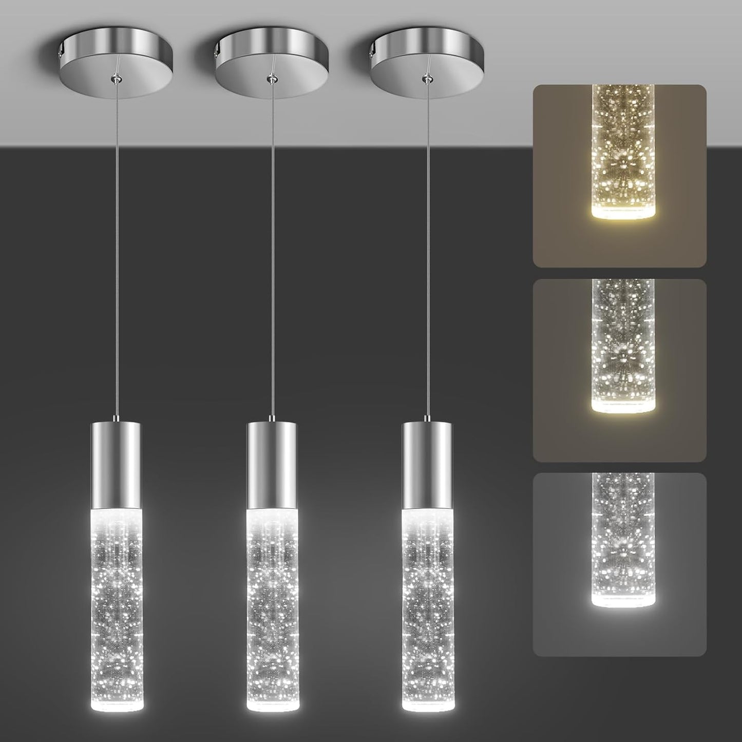 OKELI Modern Pendant Lights,3 Color LED Bubble Crystal Island Light Fixtures,Chrome Mini Pendant Lighting for Kitchen Island,Bar,6W,3000-6000K,ETL,3 Pack