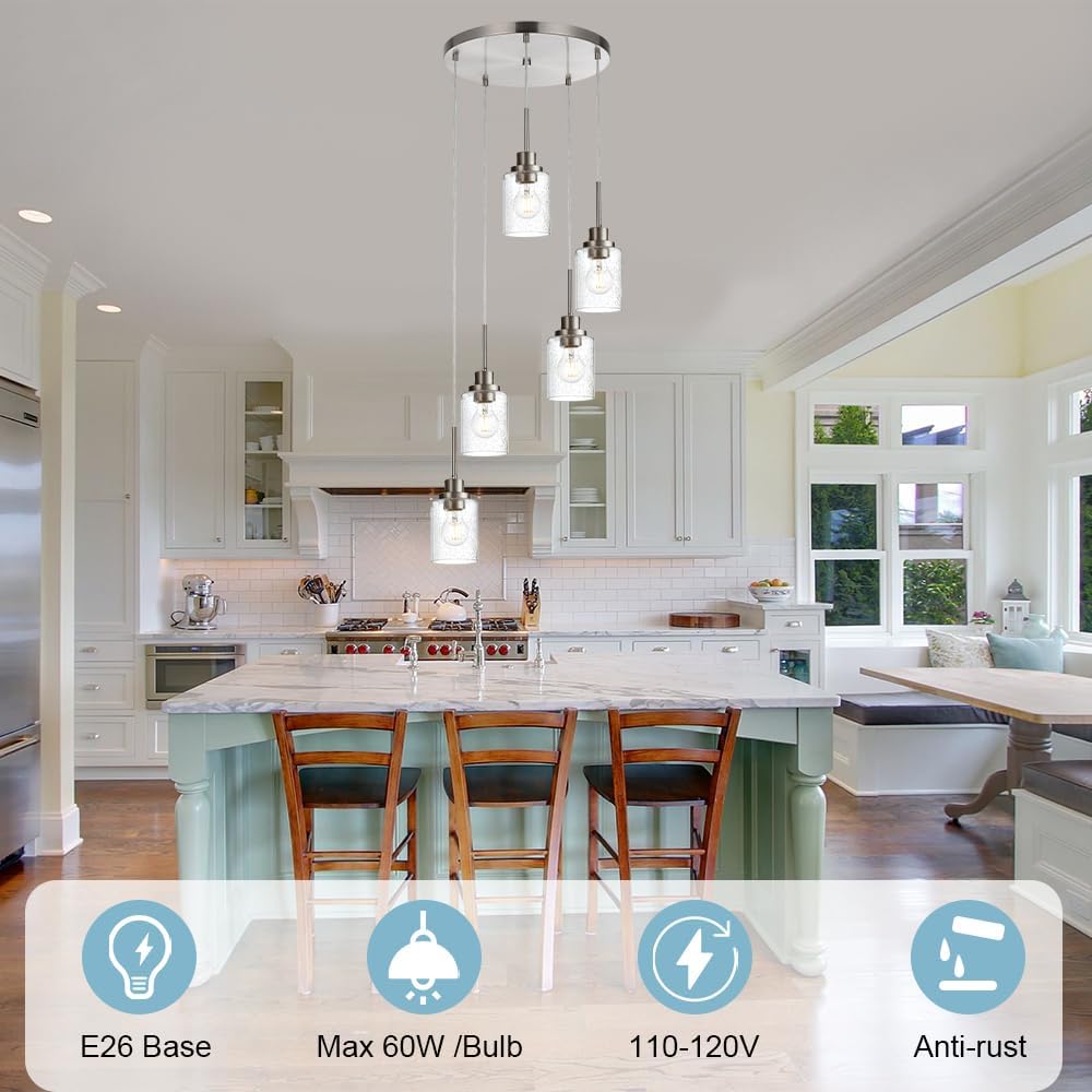 5 Light Farmhouse Pendant Lighting for Kitchen Island,Brushed Nickel Dining Room Cluster Pendant Light Fixtures Hanging Ceiling with Seeded Glass,Modern Pendant Light for Entrance Stairwell