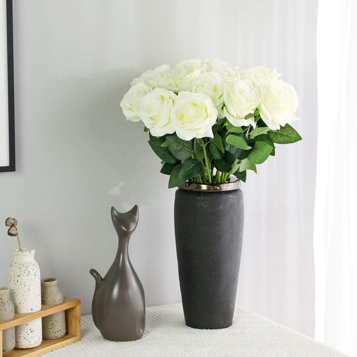 White Fake Roses Artificial Flowers - 10 Pcs Fake Artificial Roses Silk Flowers with Stems for Home Wedding Hotel Office Centerpiece Decor