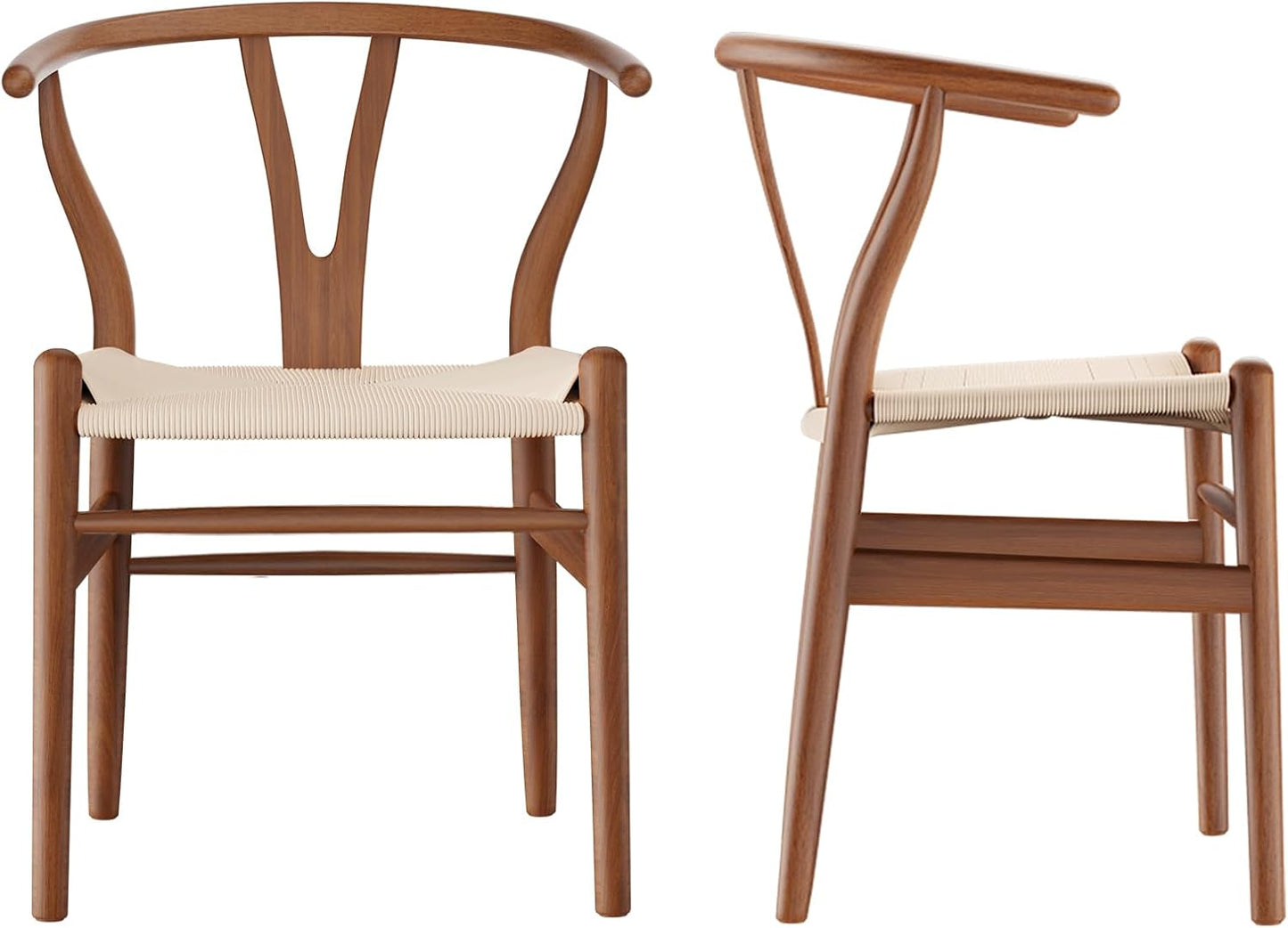 Tomile Solid Wood Wishbone Chair Y Chair Mid-Century Armrest Dining Chair, Hemp Seat (Ash Walnut Color, Pack of 2)