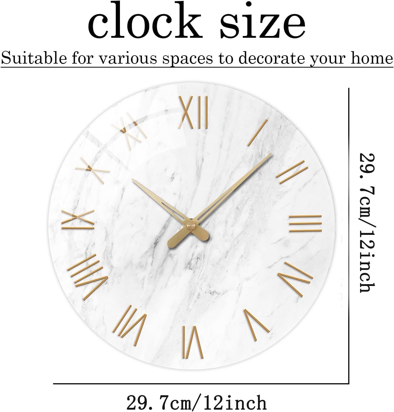 White Small Wall Clocks Battery Operated Marble Analog Clock for Bedroom 12 Inch Round Silent Wall Clock Modern