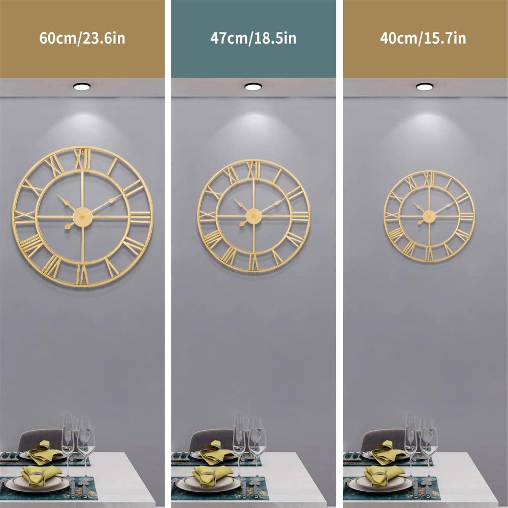Large Modern Metal Wall Clocks Rustic Round Silent Non Ticking Battery Operated Roman Numerals Clock for Living Room/Bedroom/Kitchen Wall Decor-(Gold, 40cm)