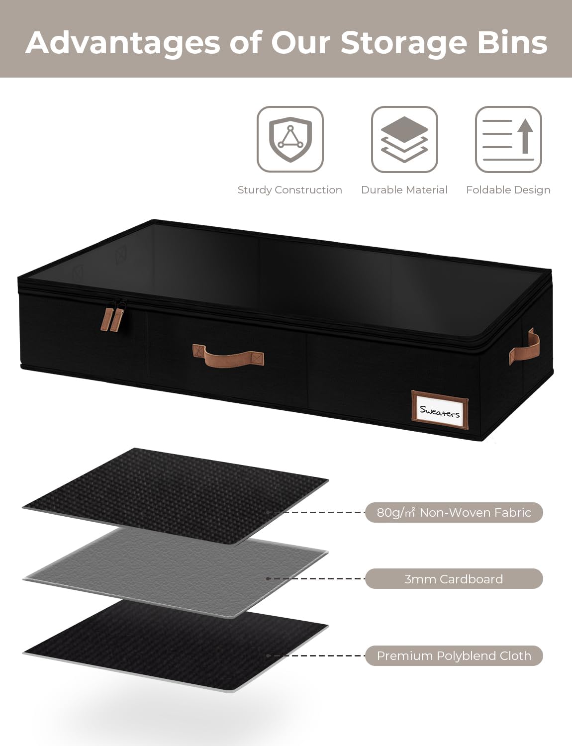 StorageWorks Large Under Bed Storage Containers with Handles and Label Holder, 2 Pack Ultra-thick Fabric Underbed Bins, Closet Organizer for Clothes, Blankets, Sweater