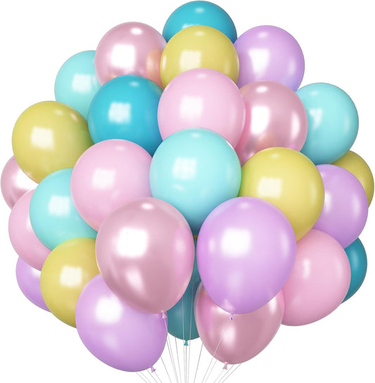 Pastel Balloons 60 Pcs Metallic Pink Purple Teal Blue Yellow Multicolor Latex Balloon Macaron Rainbow Pastel Color Party Balloons for Girls Birthday Baby Shower Bridal Wedding Party Decorations
