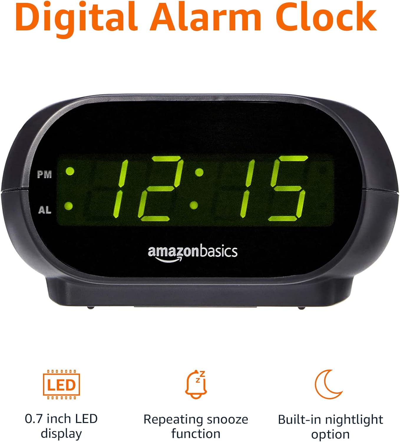 Amazon Basics Small Digital Oval Alarm Clock With LED Display, Nightlight & Battery Backup, Black, 4.5 x 3.5 x 2.4 Inches