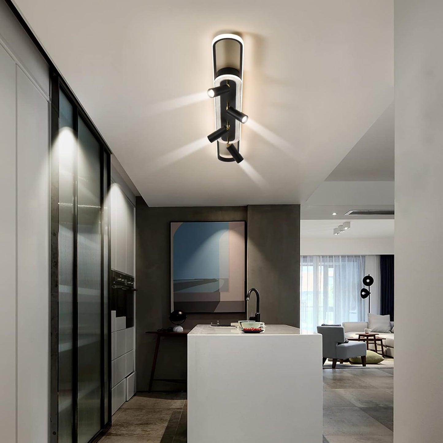 Modern LED Ceiling Light 6-Light track light Spotlight Frosted Black Geometric Ceiling Light Lighting Fixture Dimmable Remote Control Living Bedroom Kitchen Dining Room Fixture