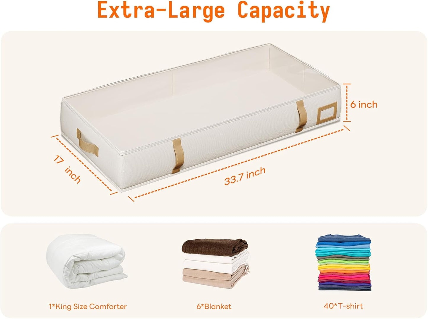 Vailando Under Bed Storage Containers, Foldable Storage Bins for Blankets, Comforter, and Seasonal Clothing, 6 Inches Tall, Beige with Brown Leather Handles, 2-Pack