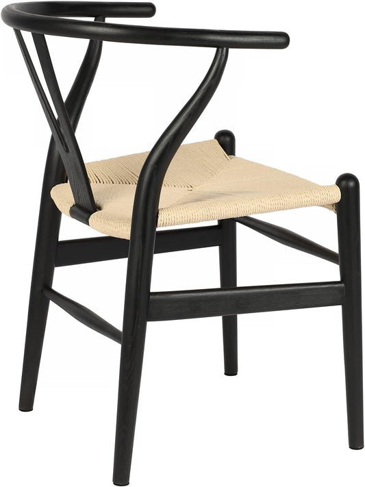 Tomile Solid Wood Wishbone Chair Y Chair Mid-Century Armrest Dining Chair, Hemp Seat (Ash-Black Frame + Natural Cord)