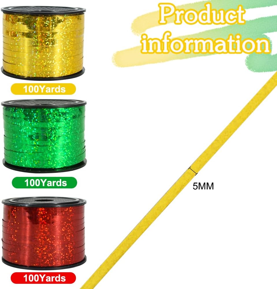 BEISHIDA 3 Pack 100 Yards Gold Red Green Ribbon Curling Crimped Glitter Ribbon Balloon String Shiny Metallic Gift Wrapping Ribbon Birthday Party Christmas Art Craft Decoration