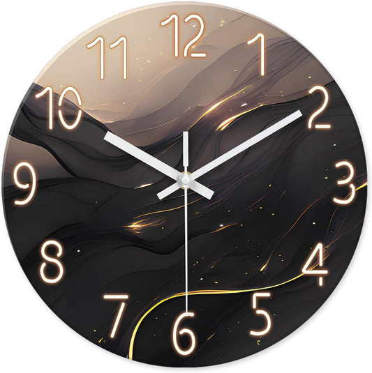 Large Wall Clocks Battery Operated 16 Inch Marble Glass Wall Clock for Living Room Black and Glod Wall Clock Silent Non Ticking