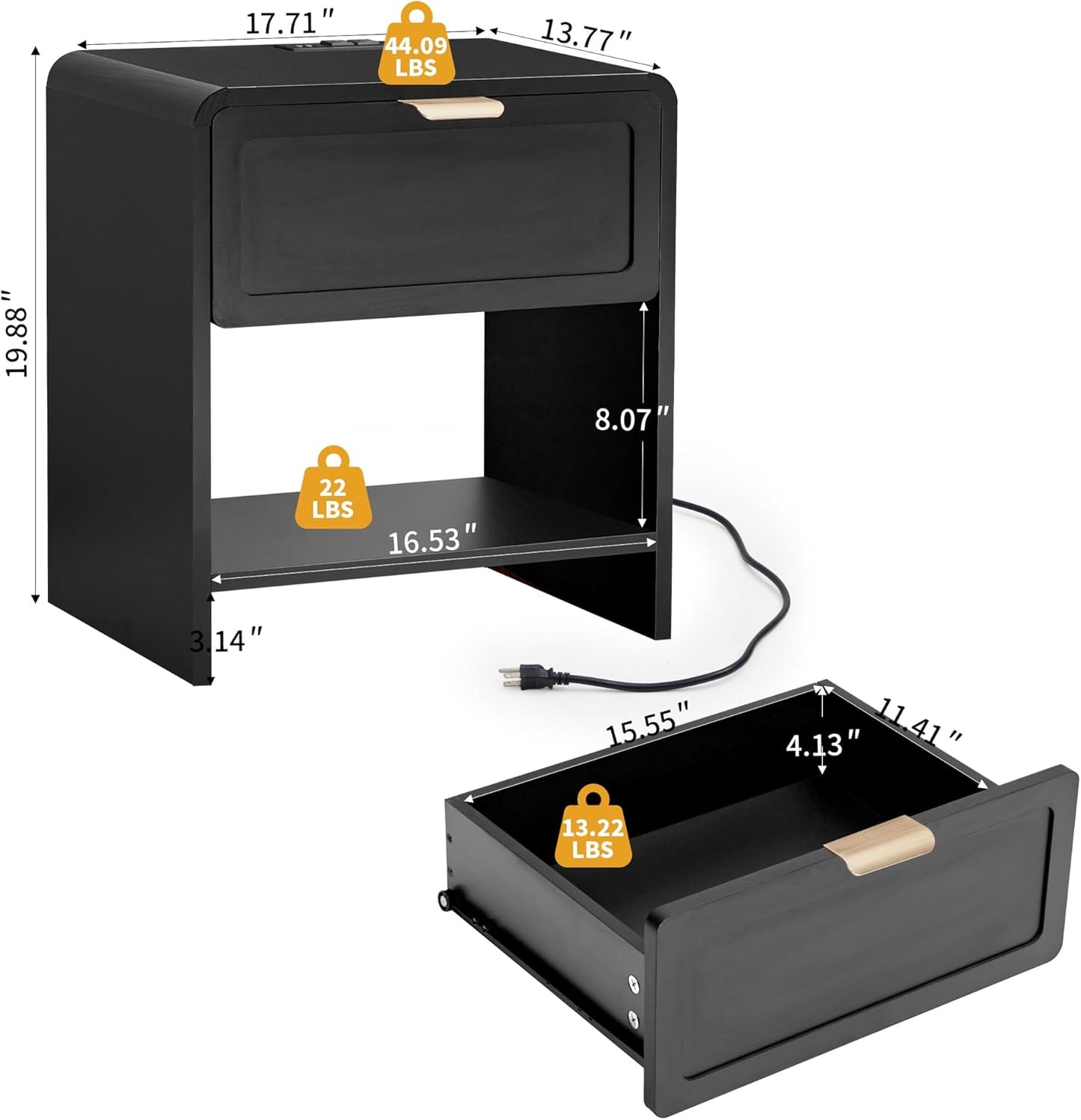 LEVNARY Nightstand with Charging Station, Mid-Century Modern Bedside Table with Curved Top Corners and Storage Drawer, Wooden End Table for Farmhouse Bedroom Living Room (1, Black)