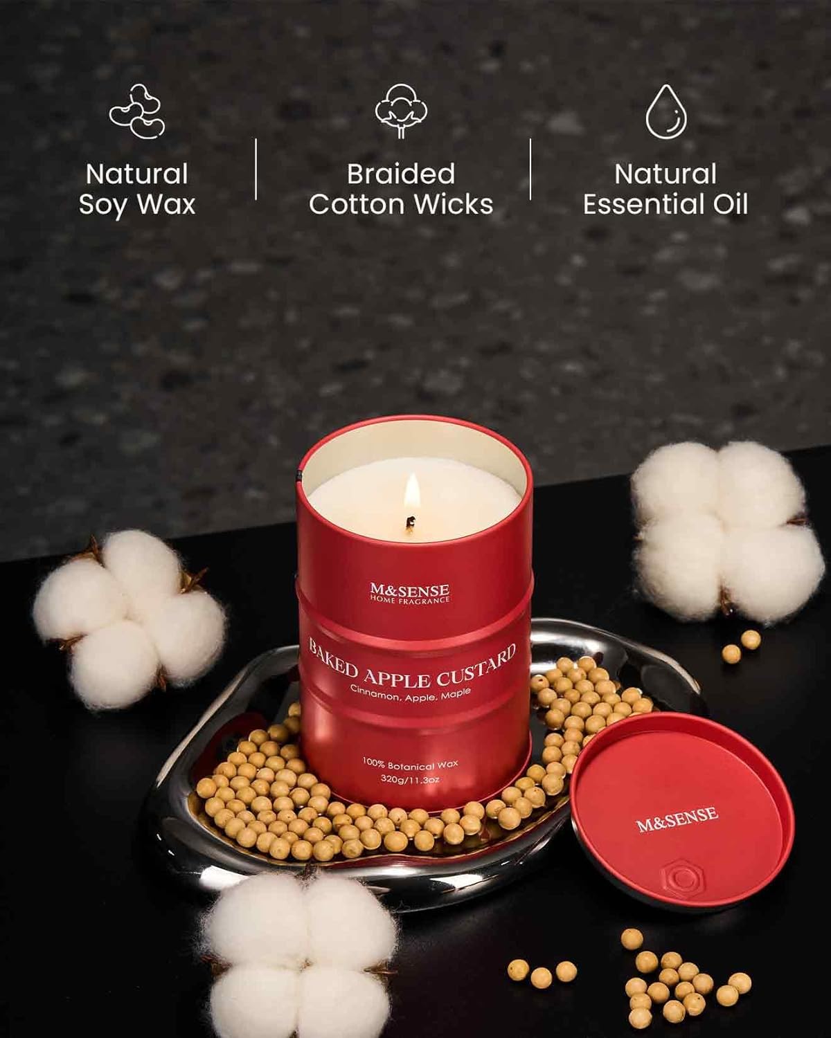 M&SENSE Baked Apple Scented Candles Natural Non Toxic, Aromatherapy Candle for Stress Relief Meditation Relaxing, Housewarming Gifts for Women Men, 11.3oz 70 Hour Long Burning