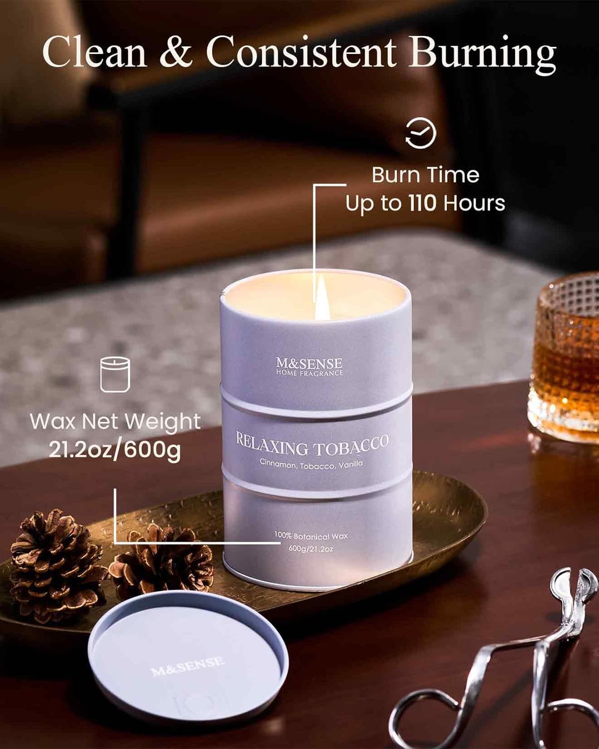 M&SENSE Tobacco Scented Candles Large, Natural Soy Candles 21.2oz 120 Hour Slow Burning,Aromatherapy Candle for Stress Relief Meditation Relaxing