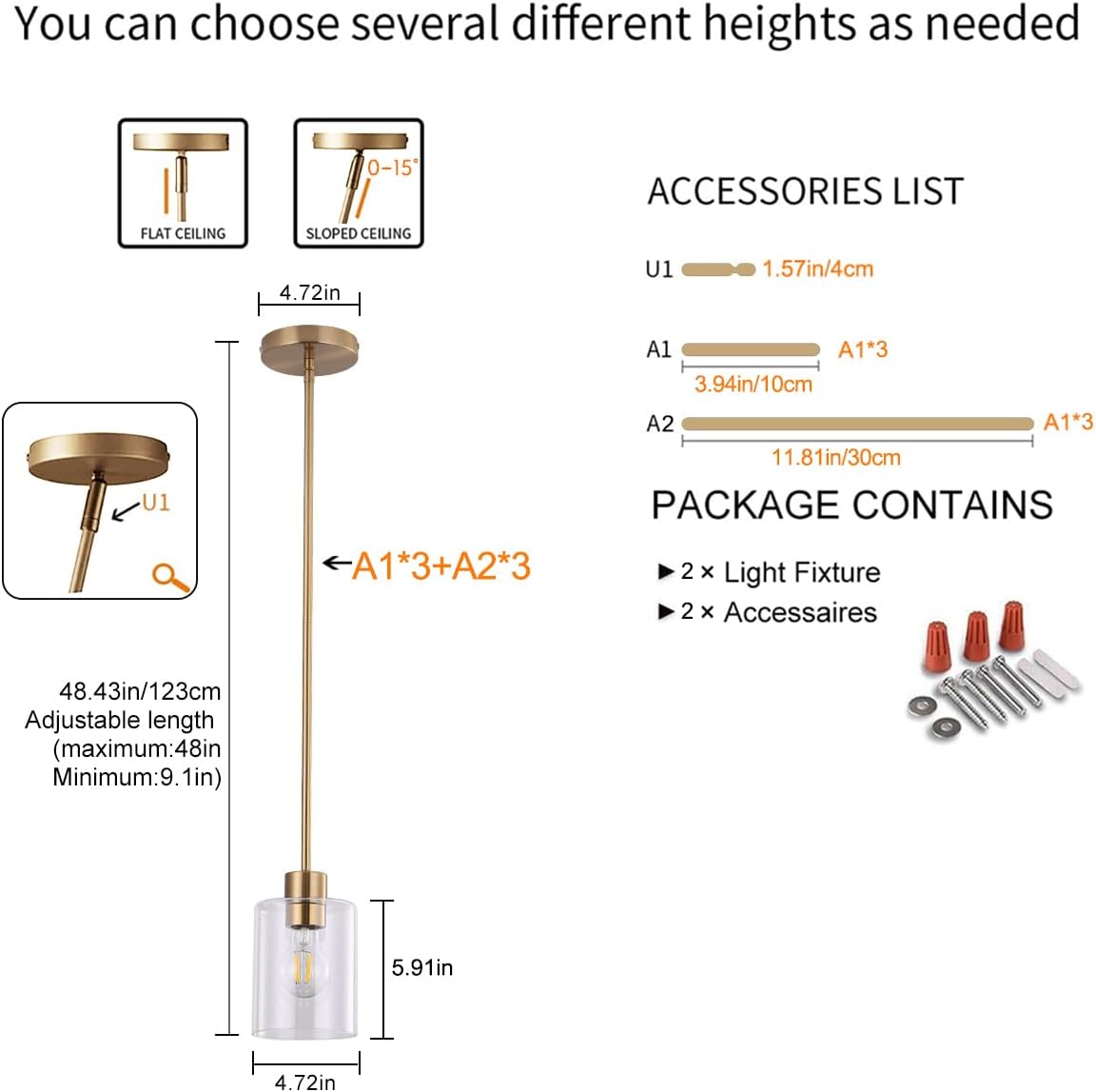 Brass Pendant Lights Kitchen Island,Modern Farmhouse Clear Glass Pendant Light,Gold Light Fixture Kitchen Pendant Mini Hanging Light Fixture for Sink (Brass 2 Pack stem Rod)