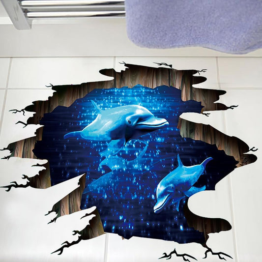 Quanhaigou 3D Wall Decals Stickers Wall Murals Wallpaper Decor for Home Floor Living Room (Blue Dolphin)