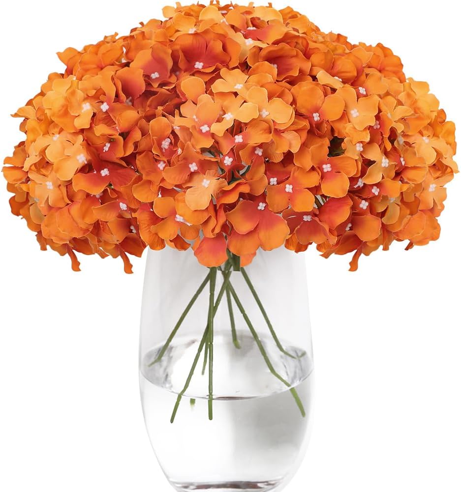 Tifuly Hydrangea Artificial Flowers -12 pcs Realistic Fake Hydrangea Silk Flowers with Stems Faux Hydrangea Flowers Heads for Office Home Party Wedding Centerpiece DIY Floral Decor (Orange)