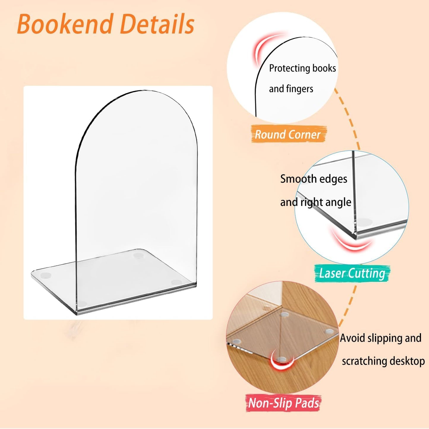 Lulonpon 6 Pieces Book Ends, Bookends, Books End for Shelves, Books End for Heavy Books, Clear Bookends, Acrylic Book Ends for School, Library,Desktop Organizer and Book Shelves