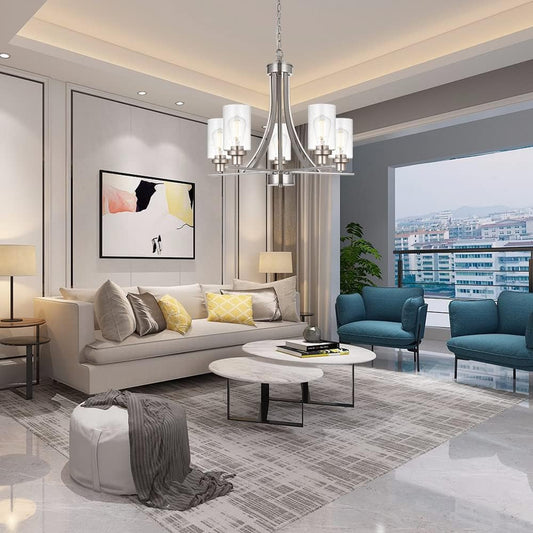 BONLICHT 5 Lights Traditional Chandelier Brushed Nickel Kitchen Island Dining Room Lighting Fixtures Hanging Seeded Glass Pendant Light Modern Flush Mount Ceiling Light for Living Room Bedroom Foyer