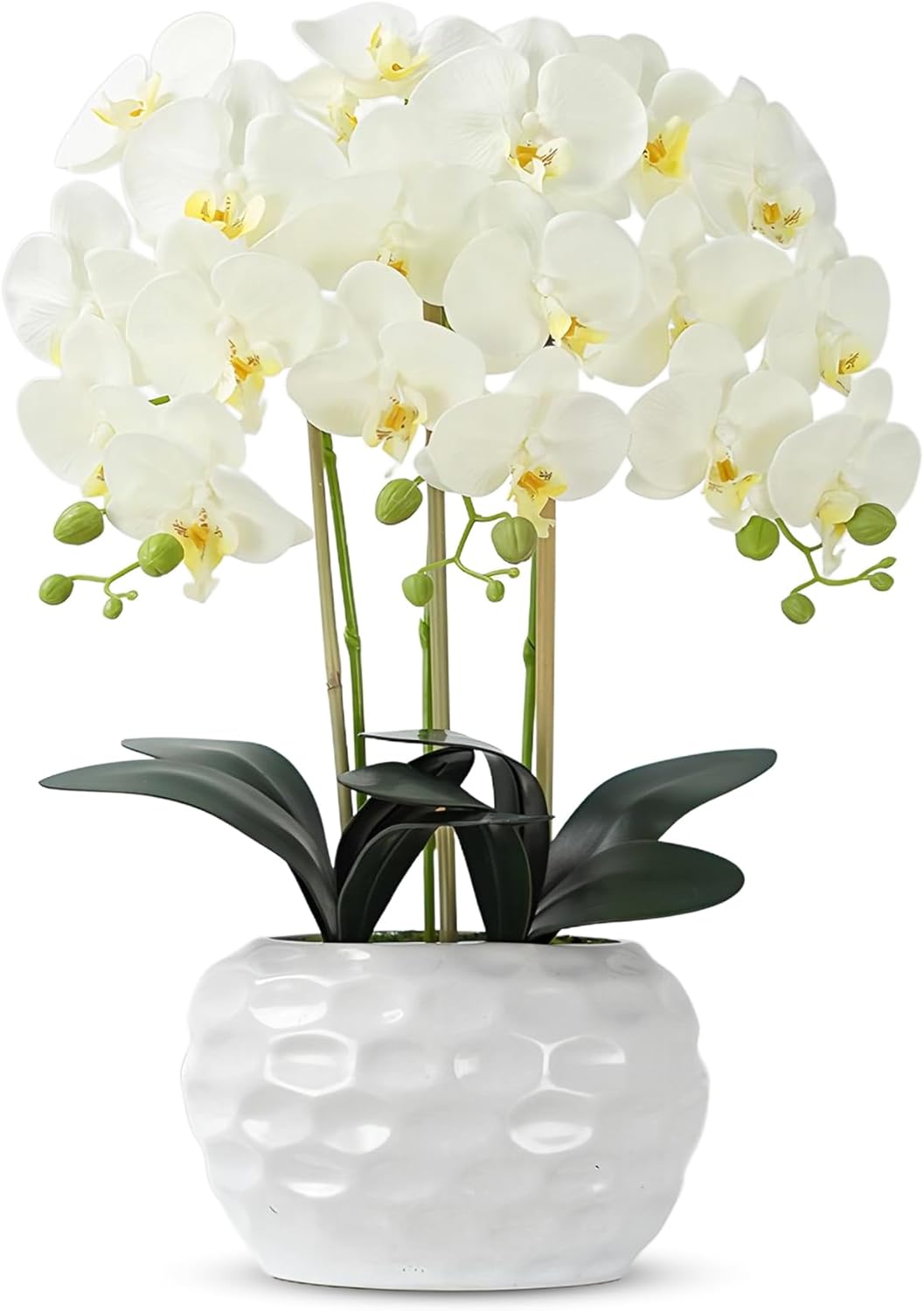 Orchid Artificial Flowers with White Vase Large Silk Faux Phalaenopsis Flowers for Dining Room Table Floral Centerpieces Indoor Decoration,White