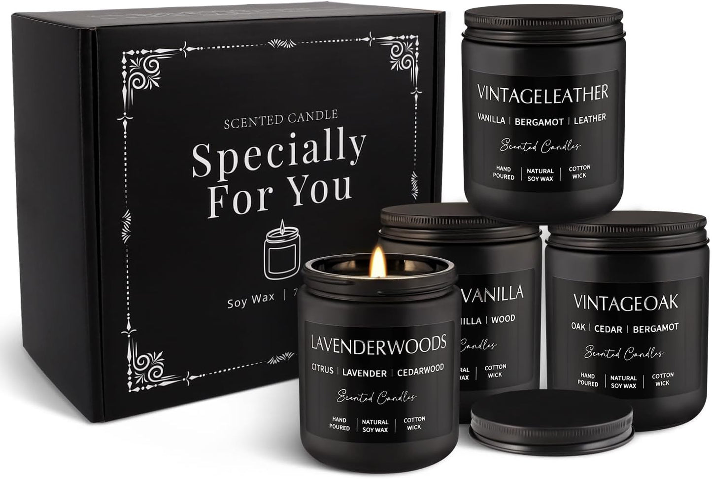 Scented Candles Gift Set - 4 Pack (7oz Each) Soy Wax Aromatherapy Candles with Essential Oils, Smokeless - Leather & Smoke, Vanilla Oakmoss, Lavender - Relaxing Fragrance for Home, Office, Yoga