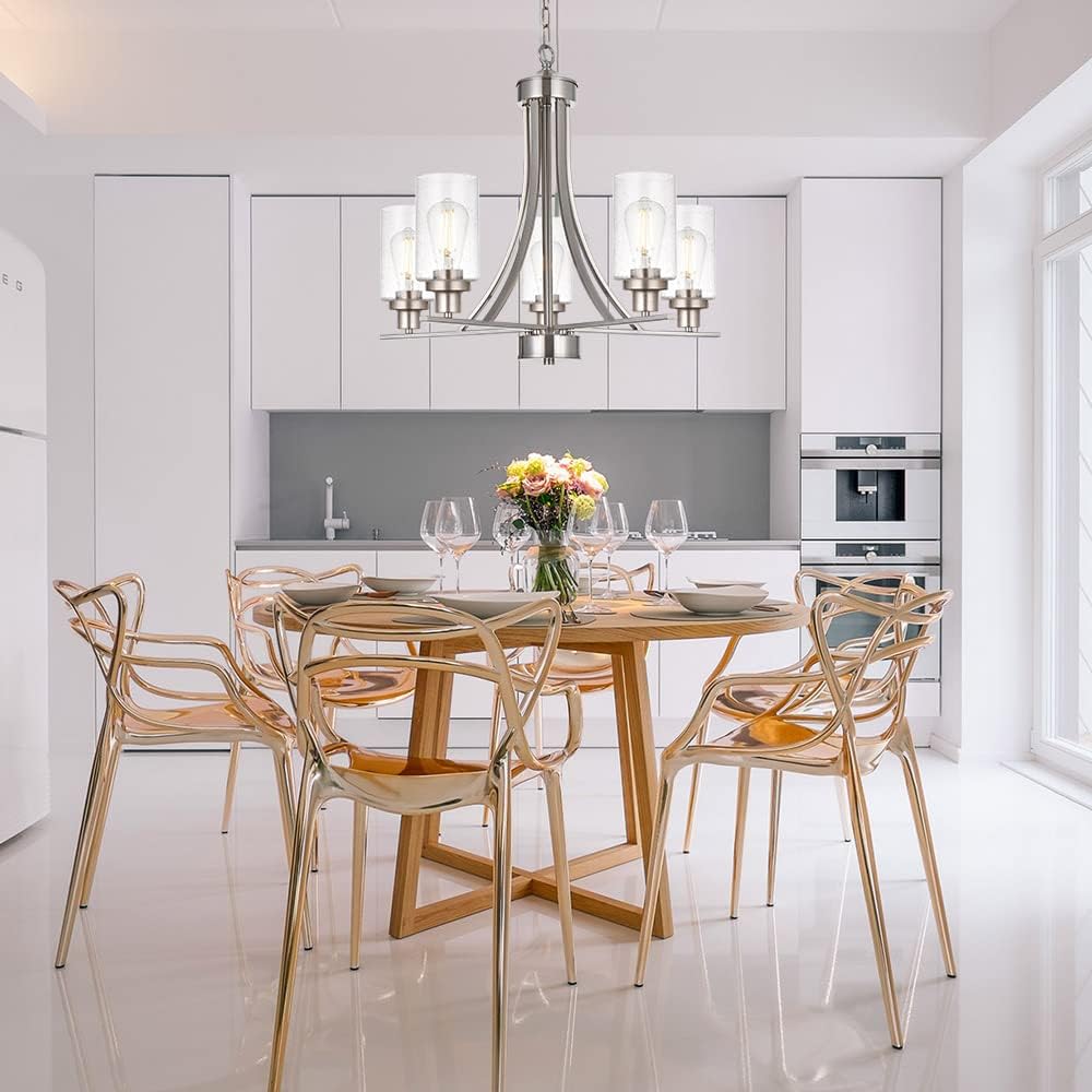 BONLICHT 5 Lights Traditional Chandelier Brushed Nickel Kitchen Island Dining Room Lighting Fixtures Hanging Seeded Glass Pendant Light Modern Flush Mount Ceiling Light for Living Room Bedroom Foyer