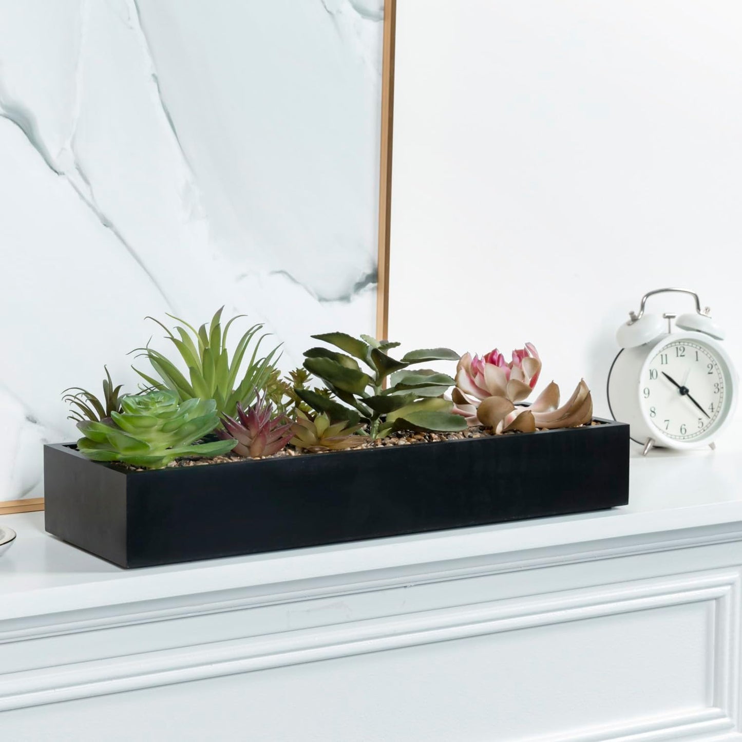 MyGift Artificial Assorted Succulent Arrangement in Rectangular Black Wood Planter Box, Fake Plant Decor