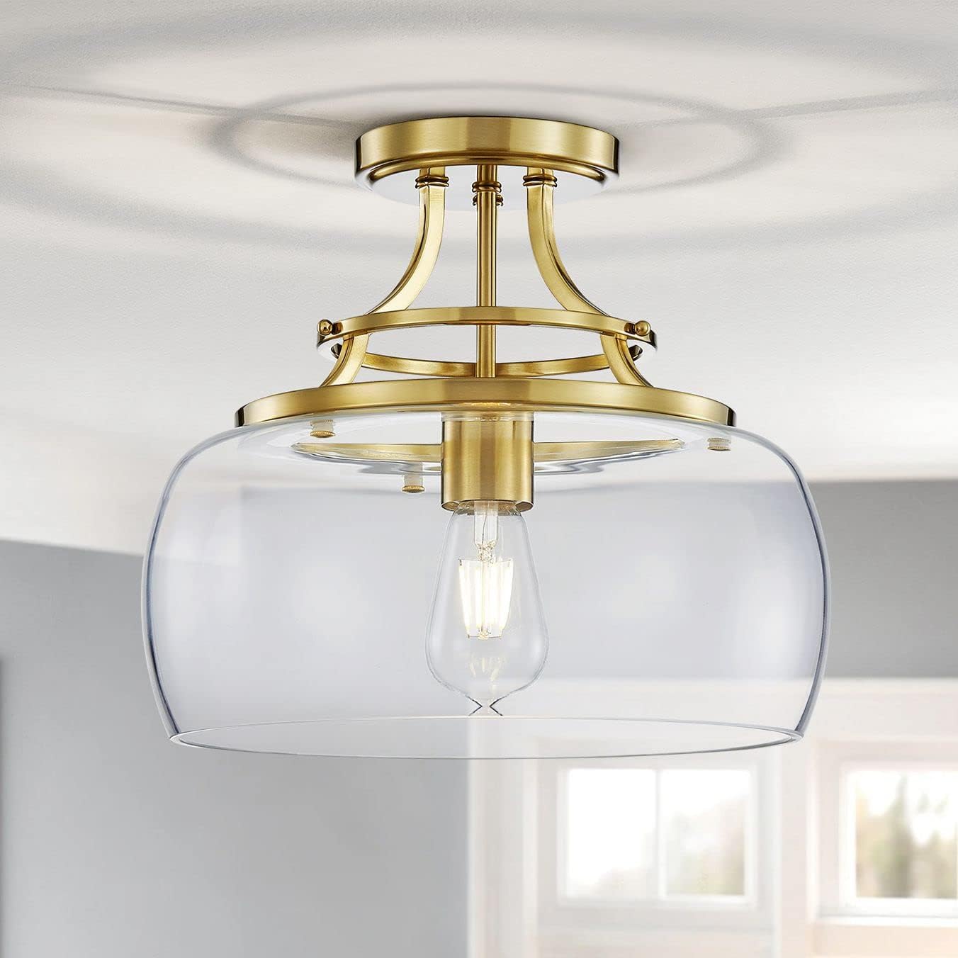 WUZUPS Chandelier Rustic Farmhouse Industrial Round Semi-flushmount Ceiling LED Light Fixture with Clear Glass Shades for Bathroom Kitchen Foyer Entryway, H 11.8" x W 13.4", E26 Base, Brushed Gold