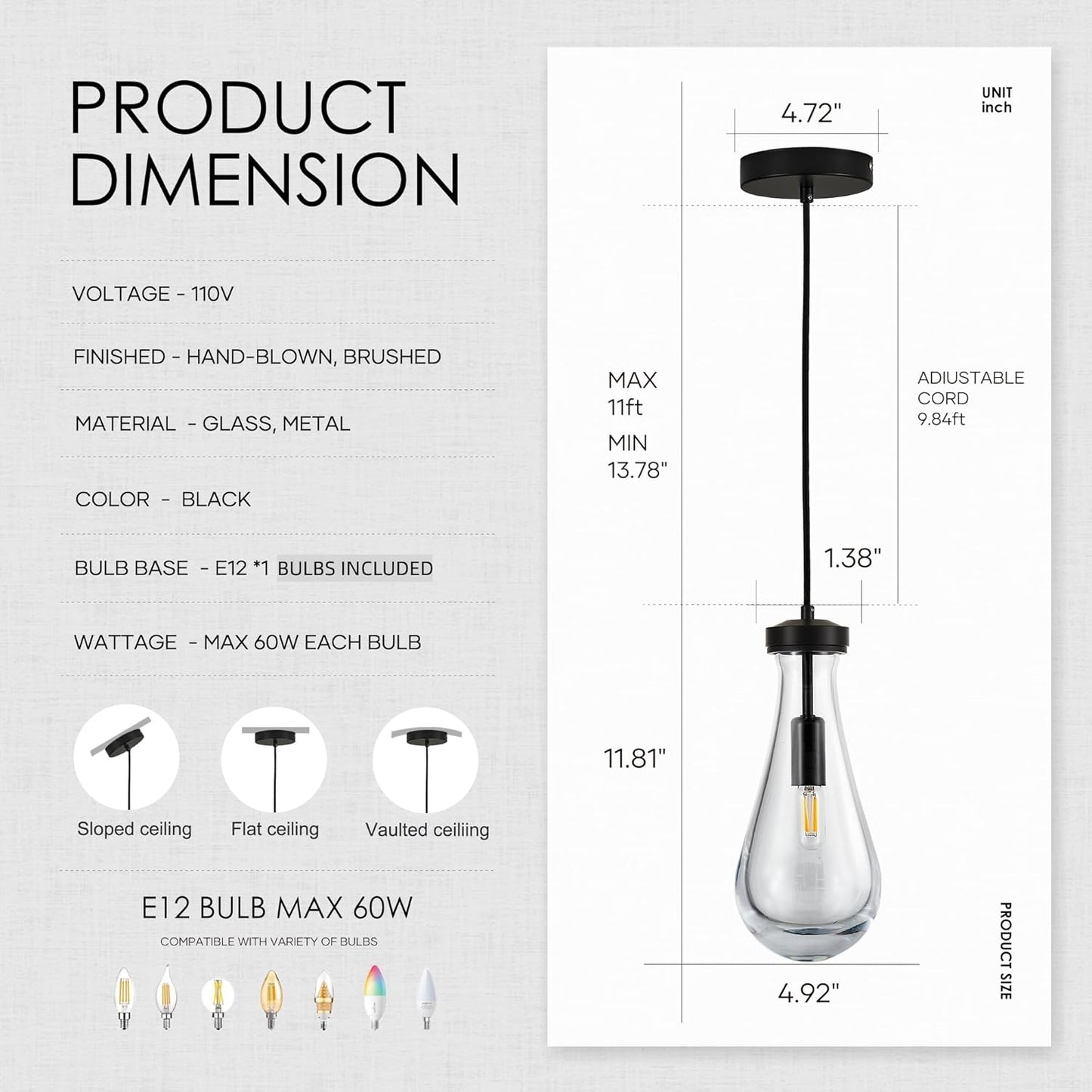 Raindrop Pendant Light Fixtures Set of 3, Black Glass Pendant Lighting, Hand BlownTeardrops Modern Hanging Light for Entryway Foyer Kitchen Island Dining Living Room Hallway