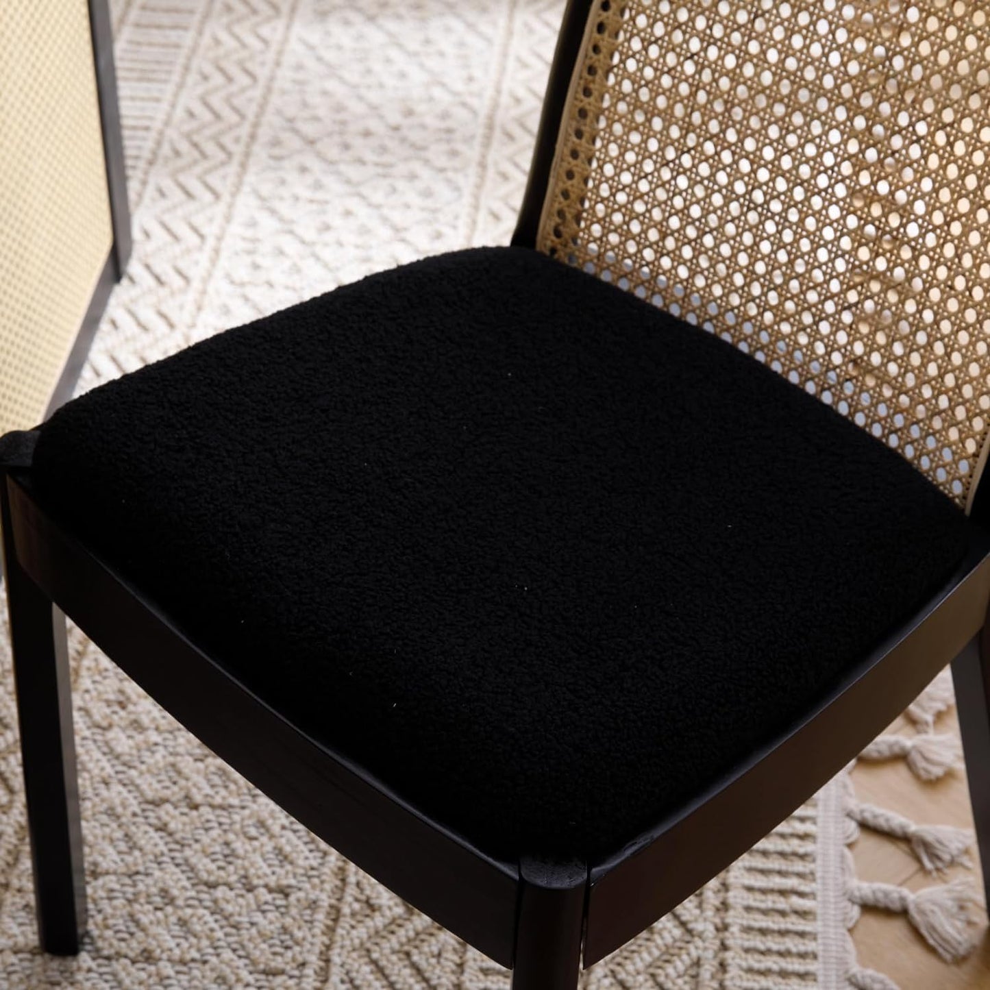 Mid Century Dining Chairs Set of 6, Accent Rattan Sherpa Fabric Side Chairs Kitchen Chair with Solid Wooden Legs for Living Room Dining Room, Black