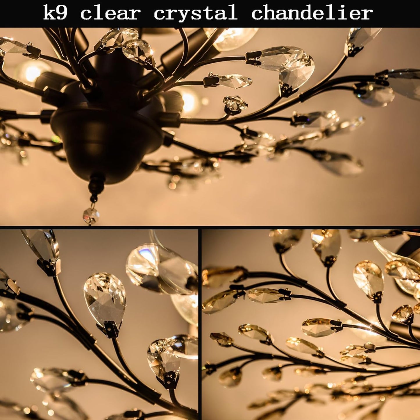 Ganeed Crystal Ceiling Light,Vintage Chandelier, Modern Elegant K9 Crystal Glass Chandelier Flush Mount Ceiling Lighting Fixture for Living Room Bedroom Restaurant Porch- Matte Black - 5 Lights