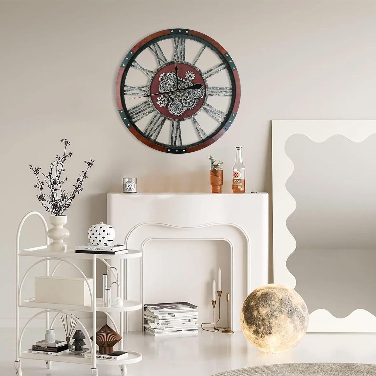 36 Inch Moving Gear Wall Clock, Oversized Wall Clocks, Clock Living Room Decor, Solid Wood Frame, Battery Operated, Large Wall Clock with Industrial for Fireplace(Black Walnut)