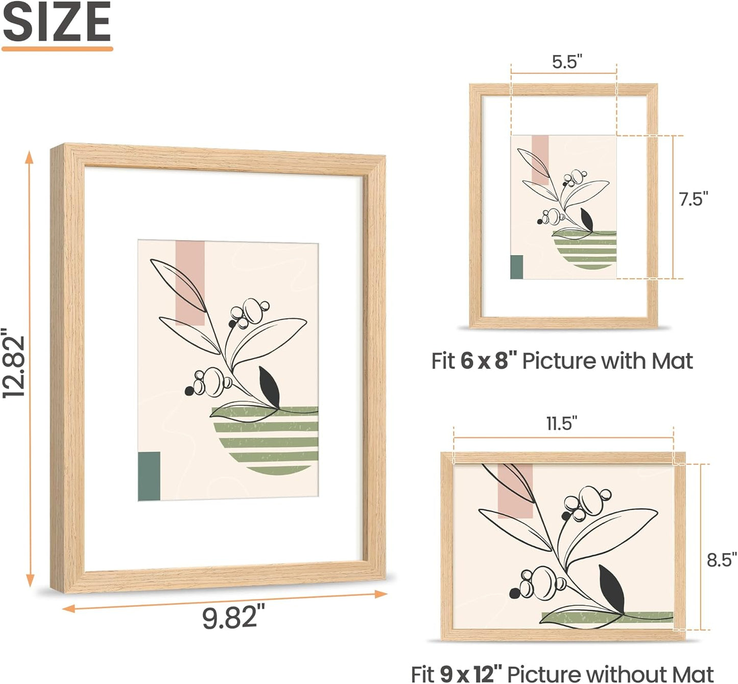 upsimples 9x12 Frame, Natural Solid Wooden Picture Frames, Display 6x8 with Mat or 9 x 12 Without Mat, Wall or Tabletop, 1 Pack, Natural