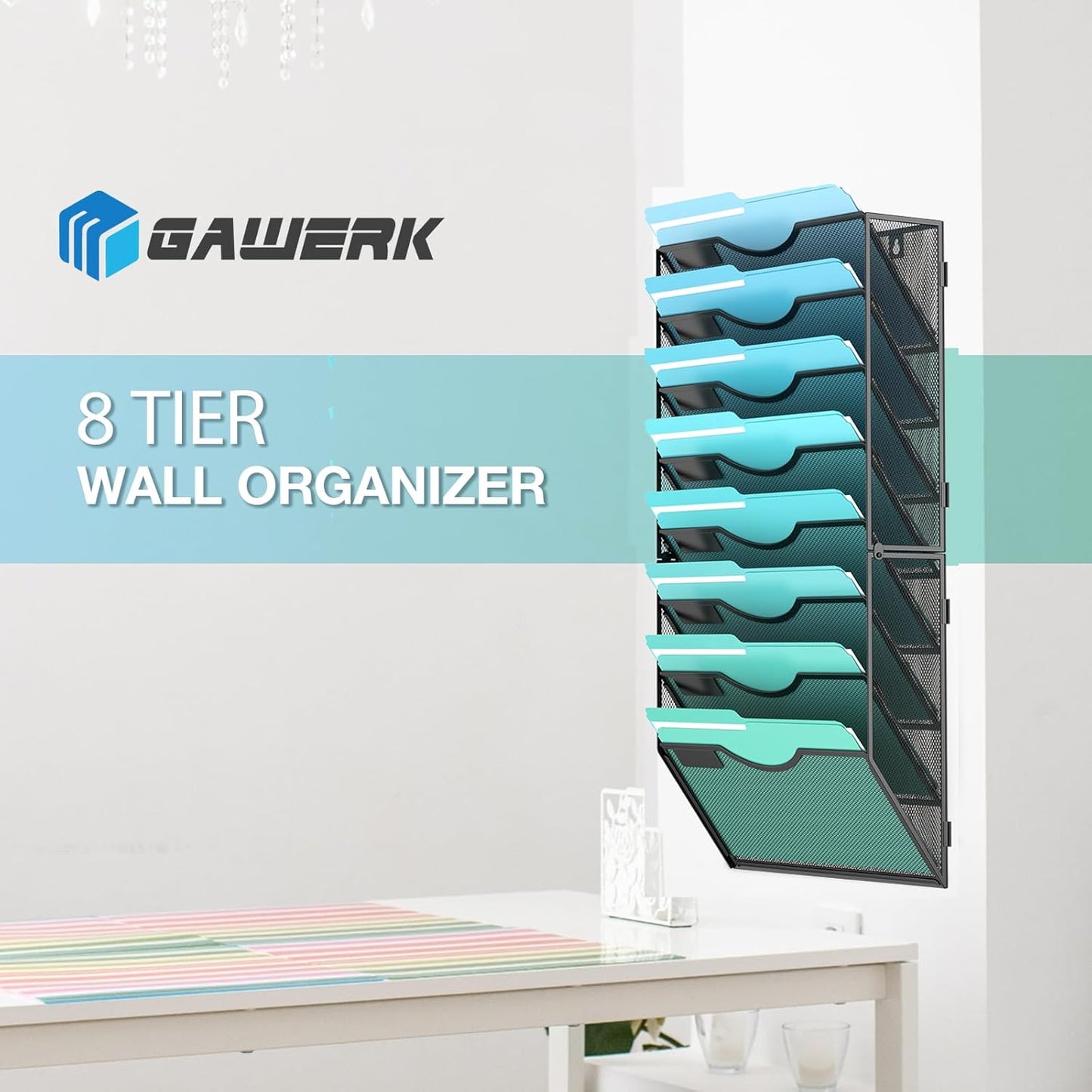 8-Tier Wall File Organizer Hanging Wall File Holder Wall Mount Paper Folder Organize, Mesh Magazine Document Mail Organizer Wall Organizer for Office School Home, Black