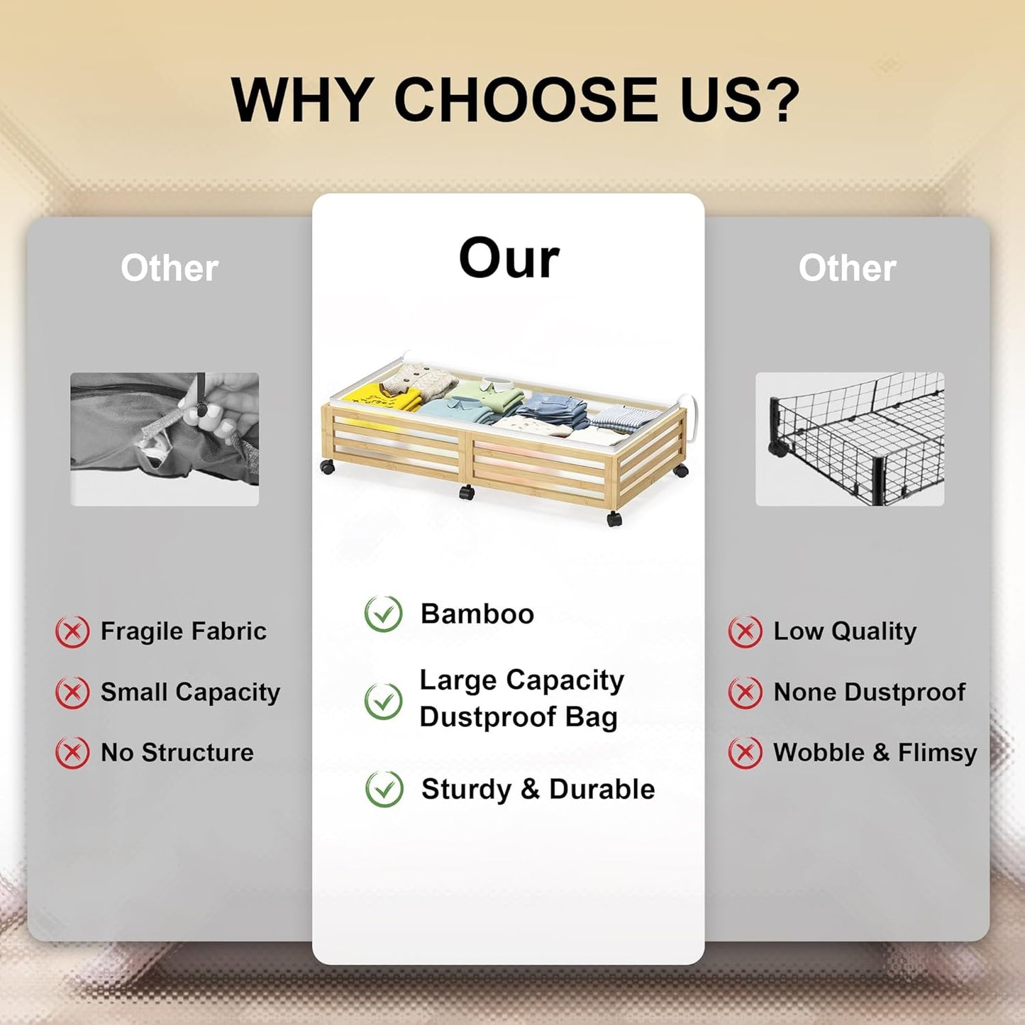 Under Bed Storage Containers With Wheels - 2 Pcs Large Bamboo Wood Rolling Underbed Shoe Storage Bins With Dust Bags for Clothes Blankets, Duvet Covers Snacks Toys (Natural)