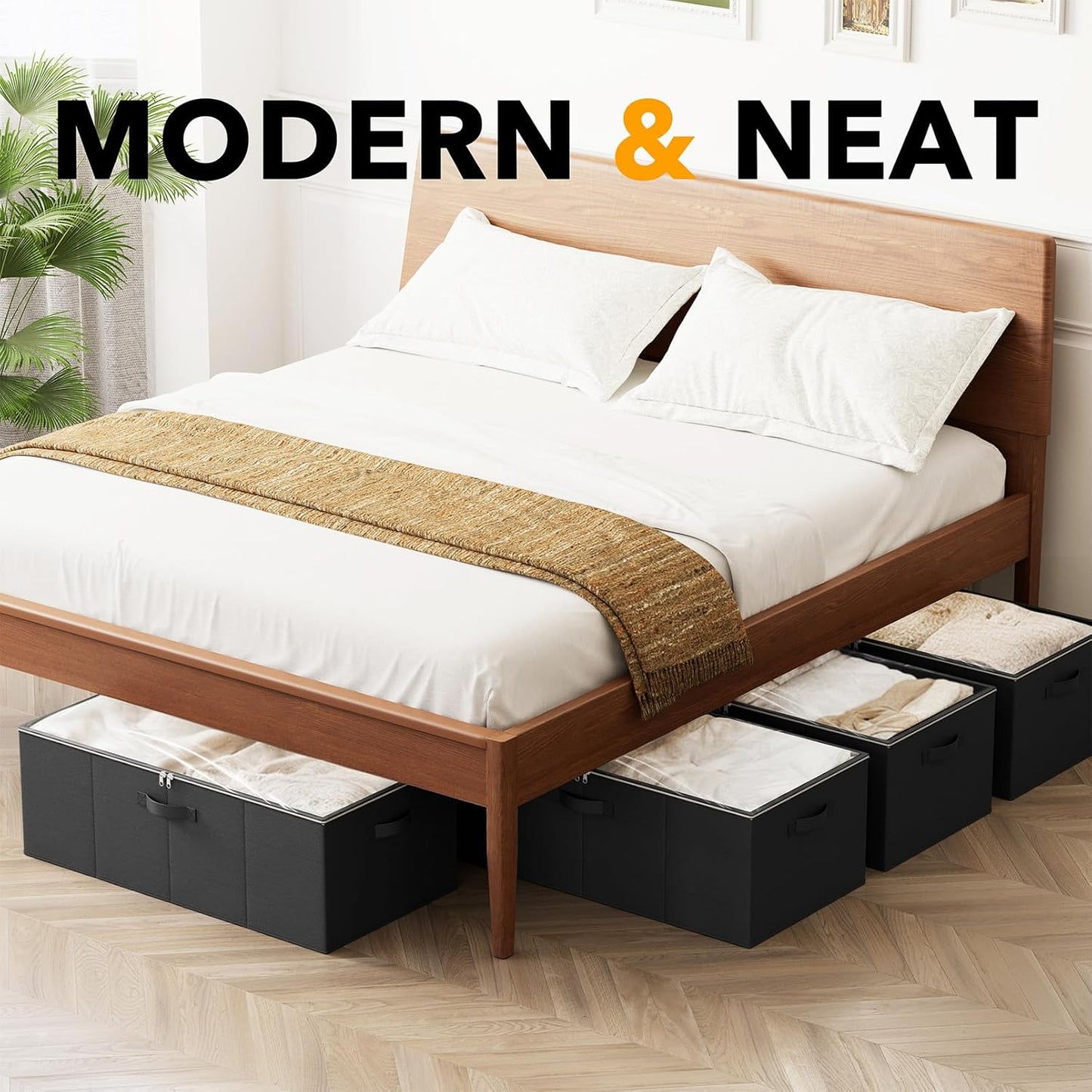 SpaceAid 4 Pack 10" High Under Bed Storage Containers, Large Underbed Storage Organizer Bins with Lids for Bedroom, Dorm, Clothes, Closet Organization, Bed Sheets and Blankets (Black)