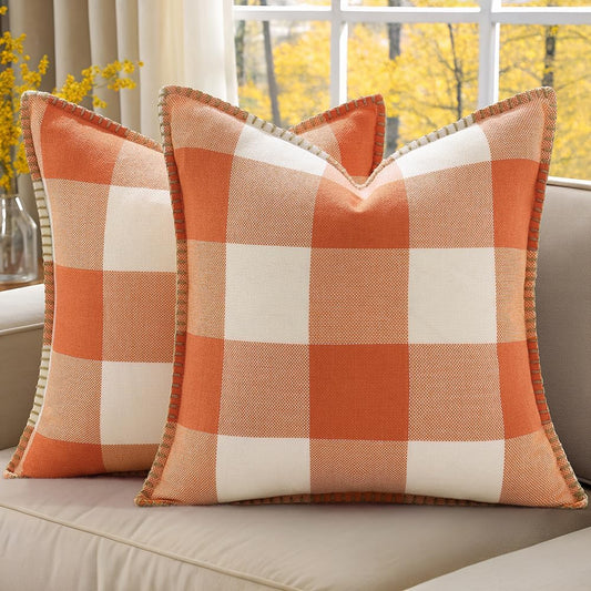 decorUhome Fall Orange and White Decorative Throw Pillow Covers 24x24 Set of 2, Buffalo Plaid Check Farmhouse Cushion Covers with Stitched Edge for Autumn Harvest Couch Sofa Bed Home Decor