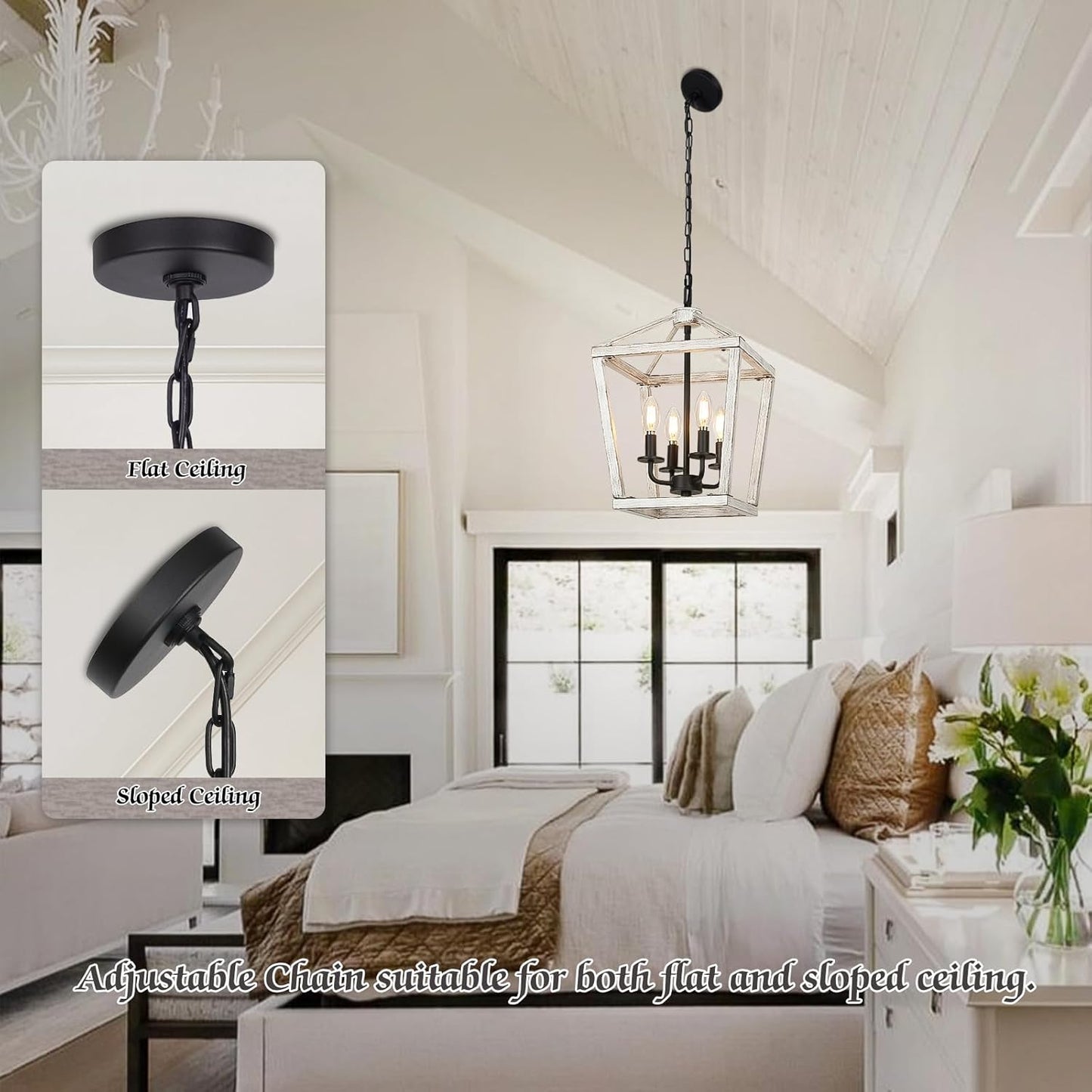 4 Light Rustic Chandelier, Farmhouse Lantern Fixture with Brushed White Oak Cage and Adjustable Chain, E12 Base Geometric Hanging Light Fixture Ceiling lighting for Entryway Kitchen Island, Indoor Use