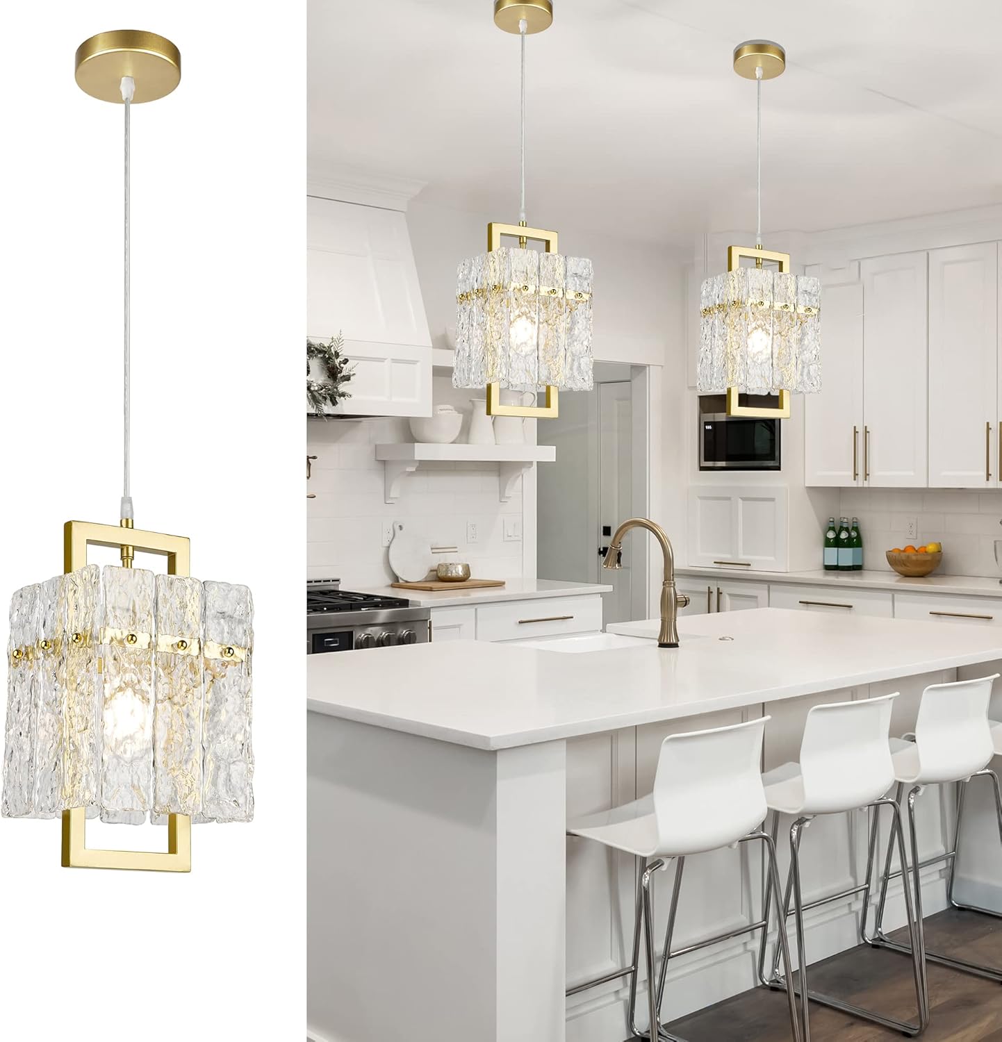 IKK Gold Crystal Pendant Light for Kitchen Island, Luxury Water Ripple Glass Chandelier Lights Fixture, Modern Elegant Adjustable Pendant Lighting for Dining Room Bedroom, E12 Bulb, L6.5'' x H11.8''