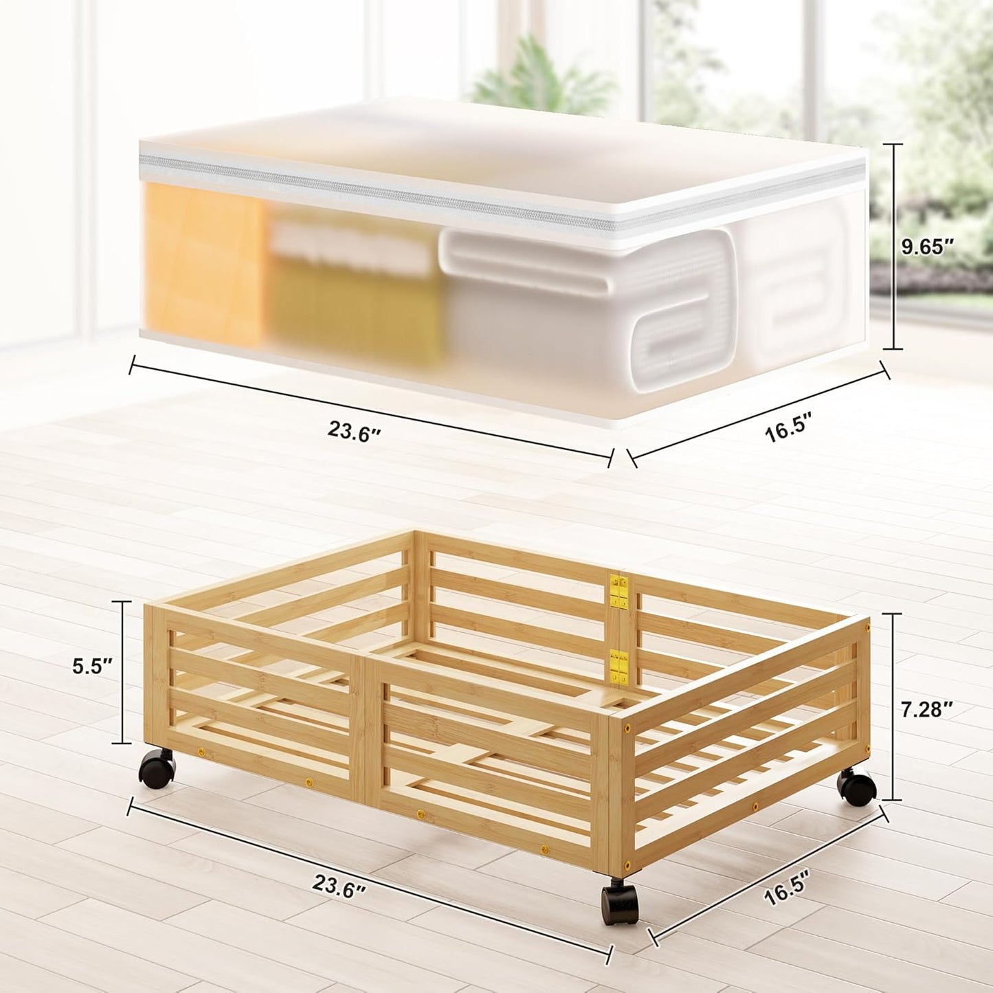Under Bed Storage Containers With Wheels - 2 Pcs Bamboo Wood Rolling Underbed Shoe Storage Bins With Dust Bags for Clothes Blankets, Duvet Covers Snacks Toys (Natural)