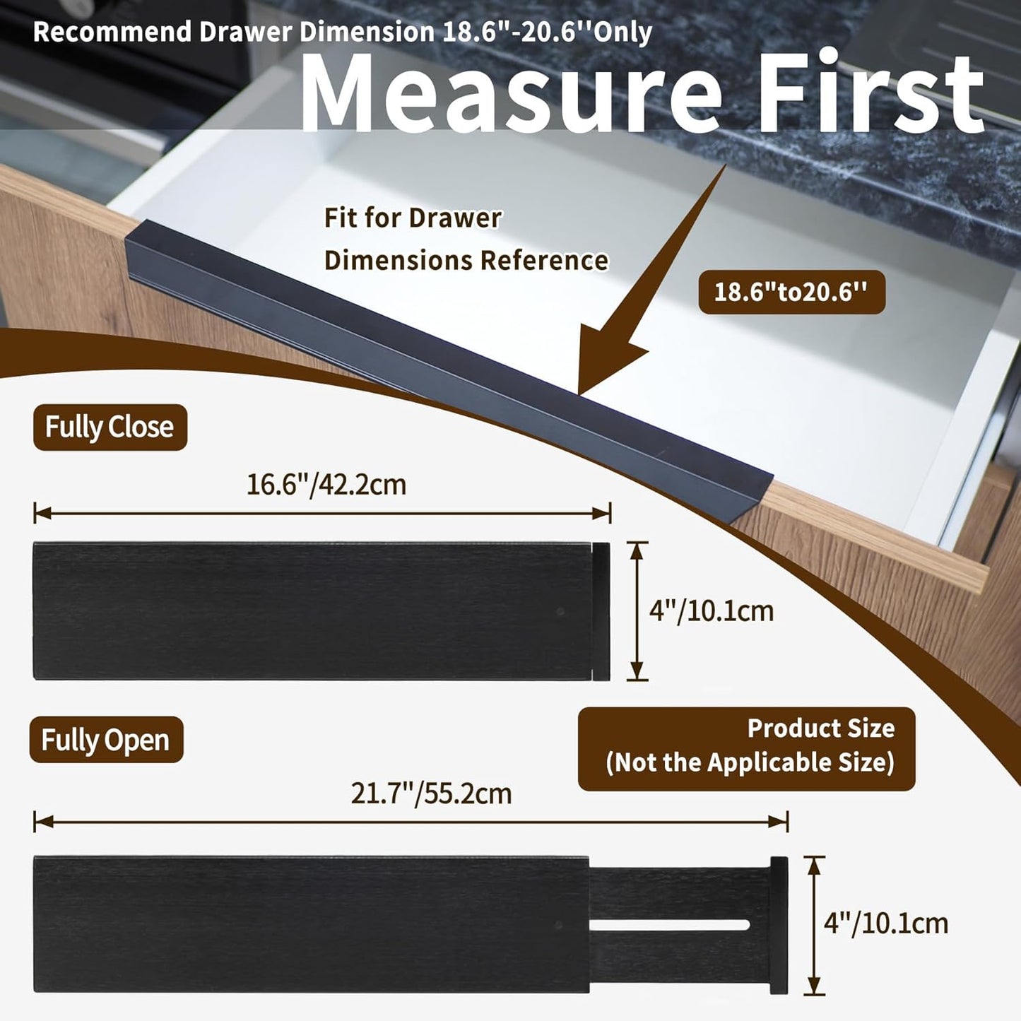 Utoplike Bamboo Drawer Dividers Large, 4'' High Adjustable Kitchen Drawers Organizers for Clothing, Spring Loaded, Works in Bathroom, Dresser, Desk, 4 PCS, Black