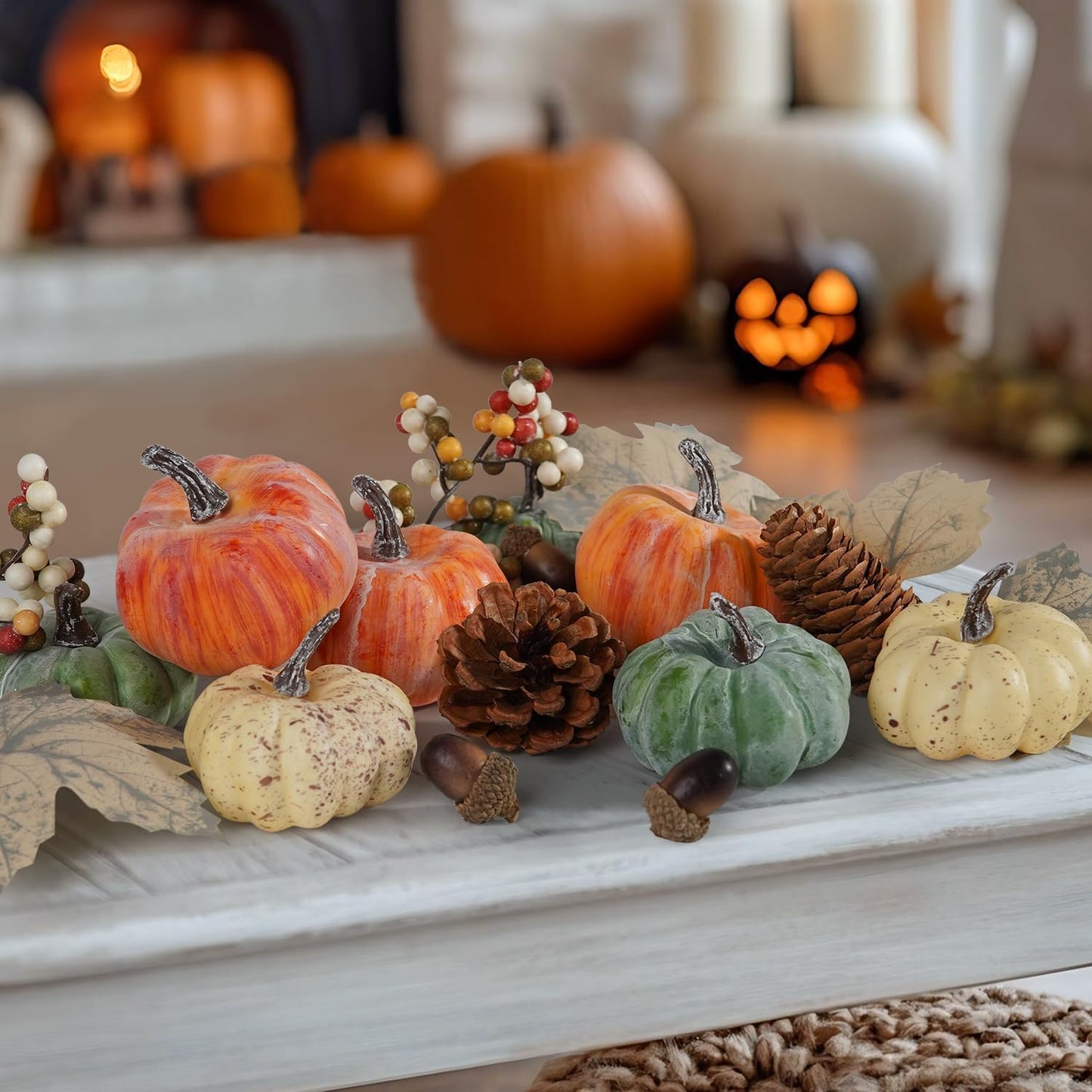Artmag 25 PCS Pumpkin Decor Set, Artificial Pumpkins Fall Decor for Halloween Thanksgiving Decorations with Acorns, Pinecones, Berries, Maple Leaves for Home Table