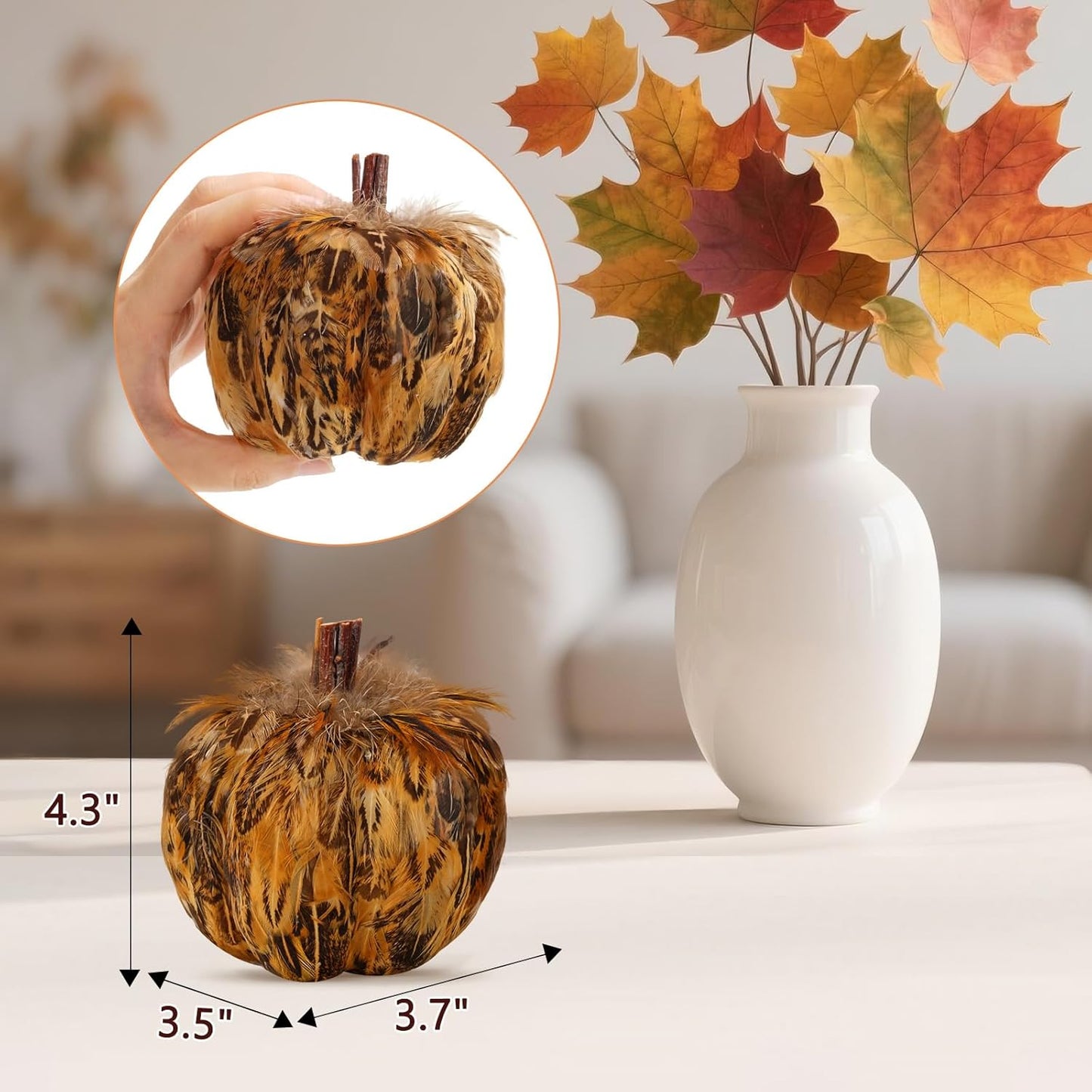 naturevibe 4.3 Inches Elegant Feathered Pumpkin Decor Set of 4 for Thanksgiving Decorations, Natural Feather Pumpkins as Fall Home Decor,Centerpieces for Tables or Autumn Harvest Gifts