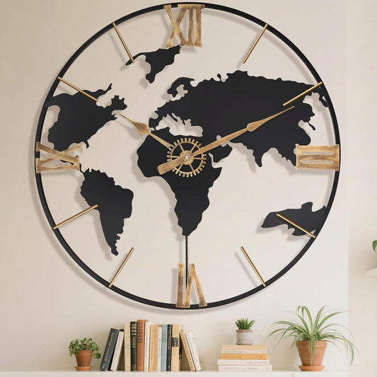 30 Inch Large Modern Decorative Metal World Map Wall Clocks Giant Extra Vintage Gold Roman Numeral Oversized Wall Clock for Living Room,Office,Dining Room,Entryway,Fireplace