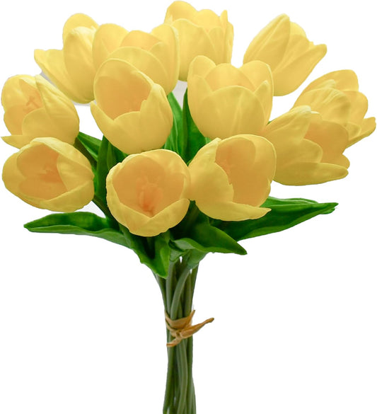 Mandy's Artificial Tulips 12 Stems Yellow Partially Open PU Faux Flowers for Wedding Home Decor 13.5 Inch