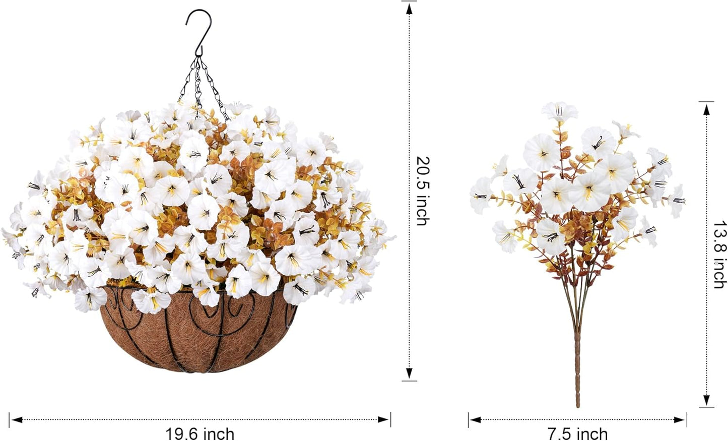 Artificial Fall Flowers Fake Hanging Plants Flowers Basket for Outdoors Autumn Decoration, Silk Morning Glory with Eucalyptus Look Real UV Resistant Faux Flowers for Outside Porch Patio Balcony, White