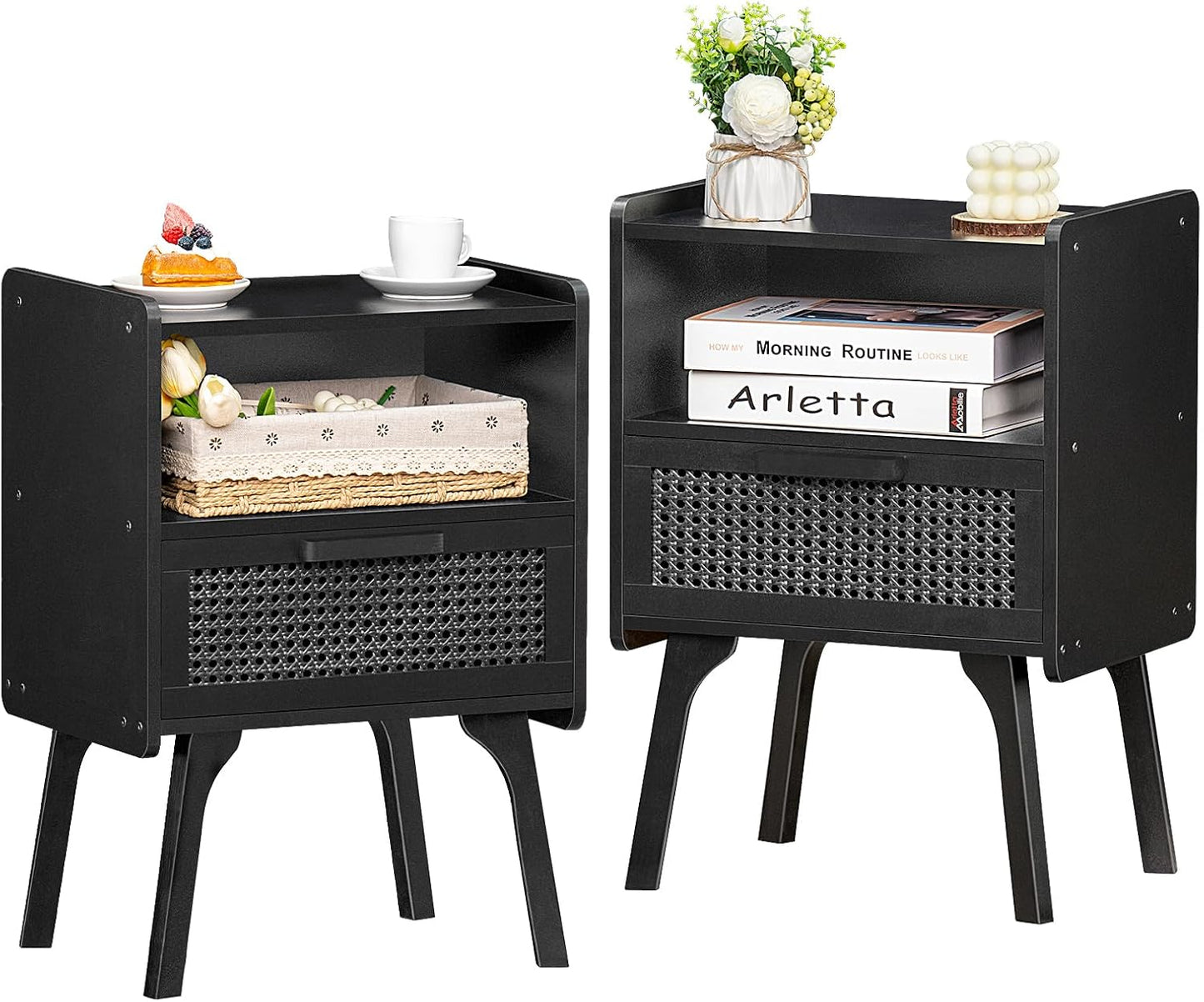 Lerliuo Rattan Nightstands Set of 2, Boho Side Table with Drawer Open Shelf, Cane Accent Bedside End Table with Solid Wood Legs for Bedroom, Dorm and Small Spaces (Black)