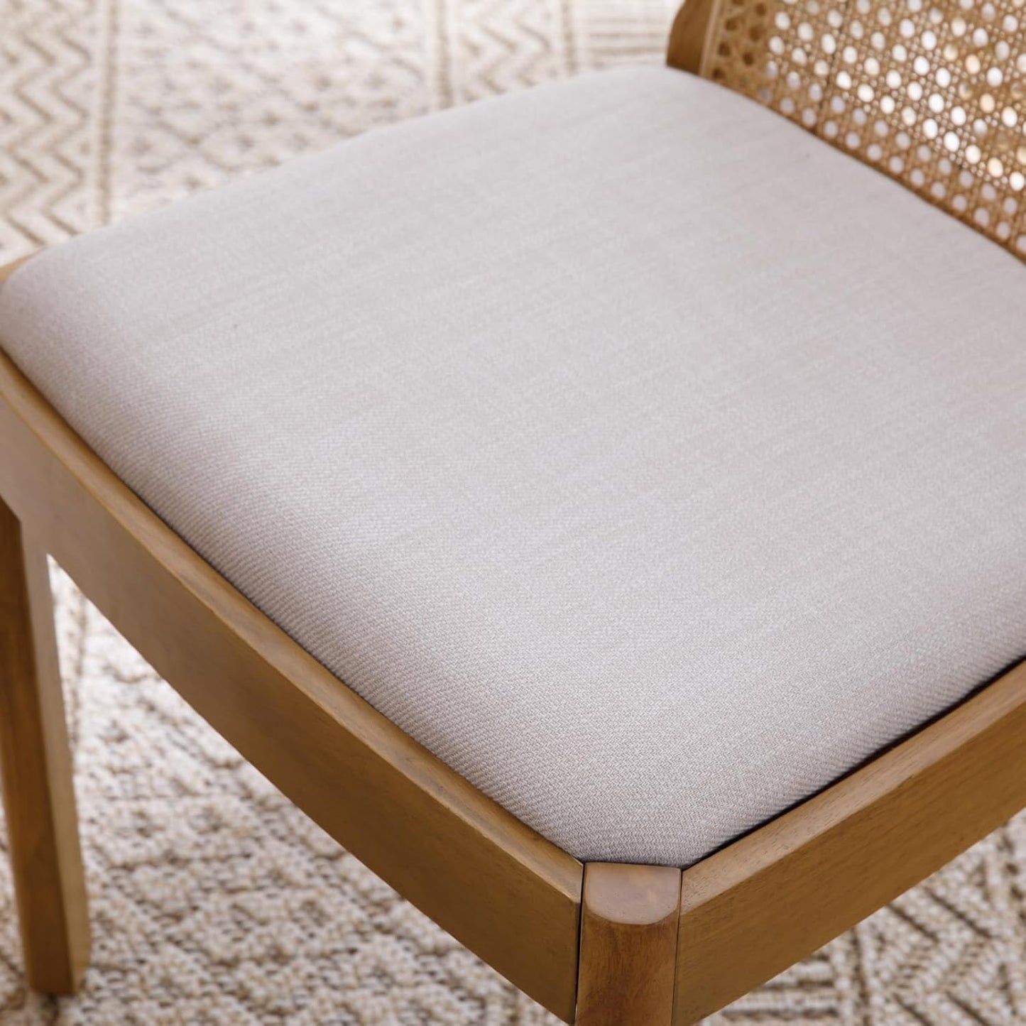 Mid Century Dining Chairs Set of 2, Accent Rattan Linen Fabric Side Chairs Kitchen Chair with Solid Wooden Legs for Living Room Dining Room, Beige