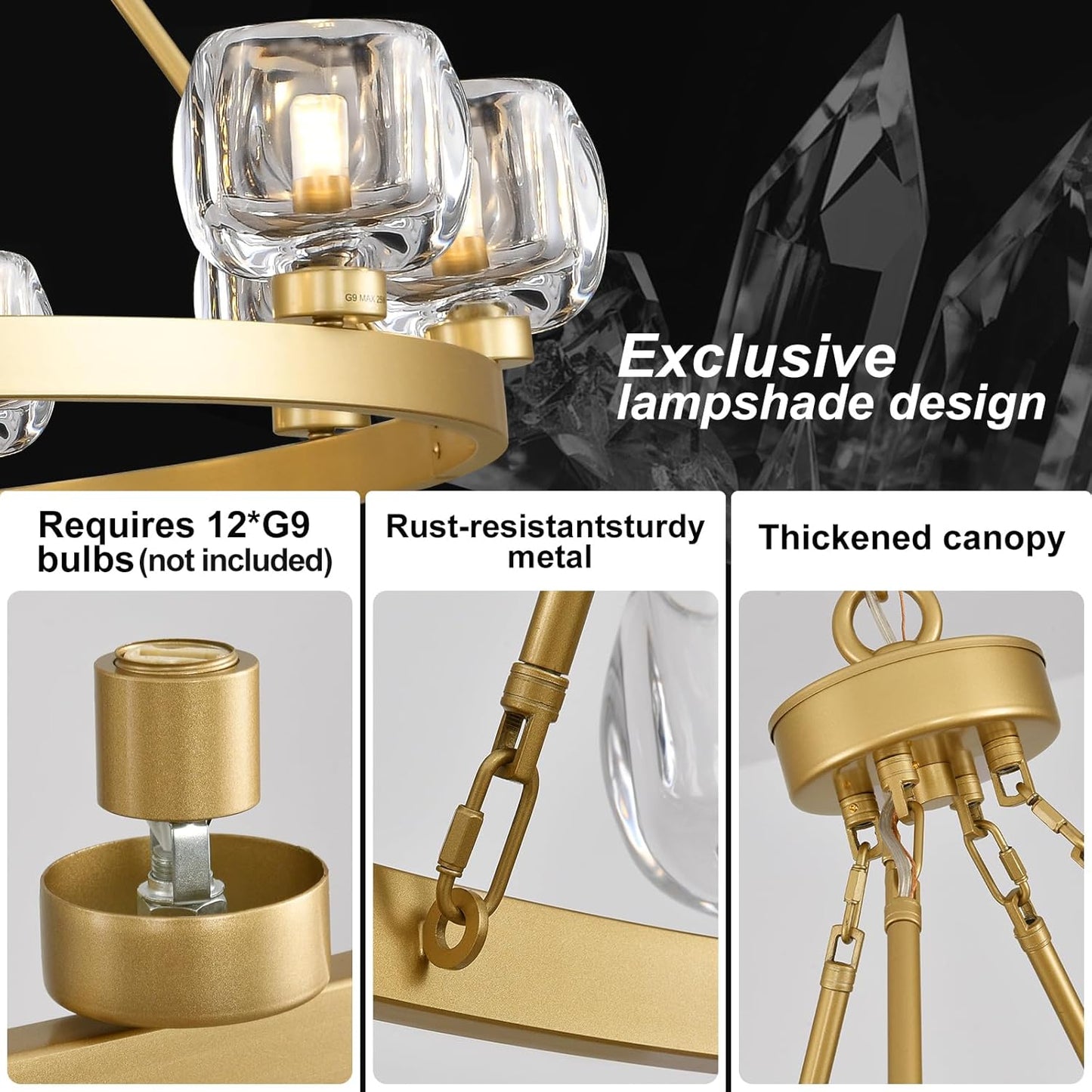 Gold Wagon Wheel Chandelier, 48 Inch Brass Chandeliers with Unique Glass Shade, 12-Light Crystal Large Wagon Wheel Chandeliers for Dining Room, High Ceiling Round Chandelier for Living Room, Foyer