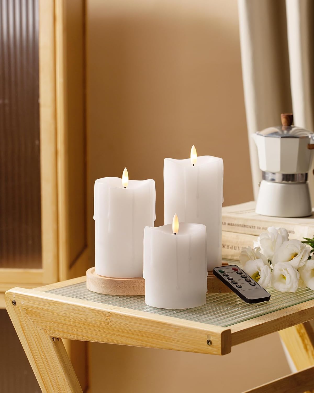 White Flameless Candles with Remote and Timer, Real Wax Made Wax Drip LED Pillar Candles Battery Operated with 3D Flickering Flame Melted Top - 3" x 4", 3" x 5", 3" x 6" - Set of 3